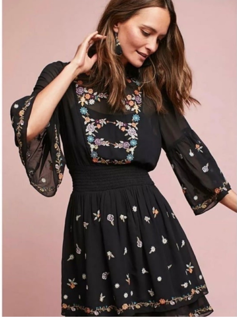 Maeve embroidered dark floral sheer chiffon bell sleeve anfisa dress sz 12 NWOT